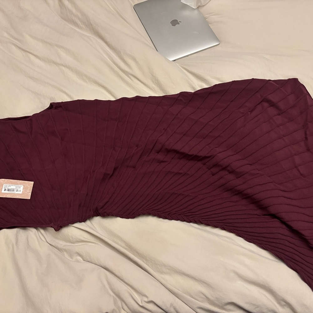 Meshki Burgundy Asymmetric Pleated Midi Dress - Picture 8 of 9